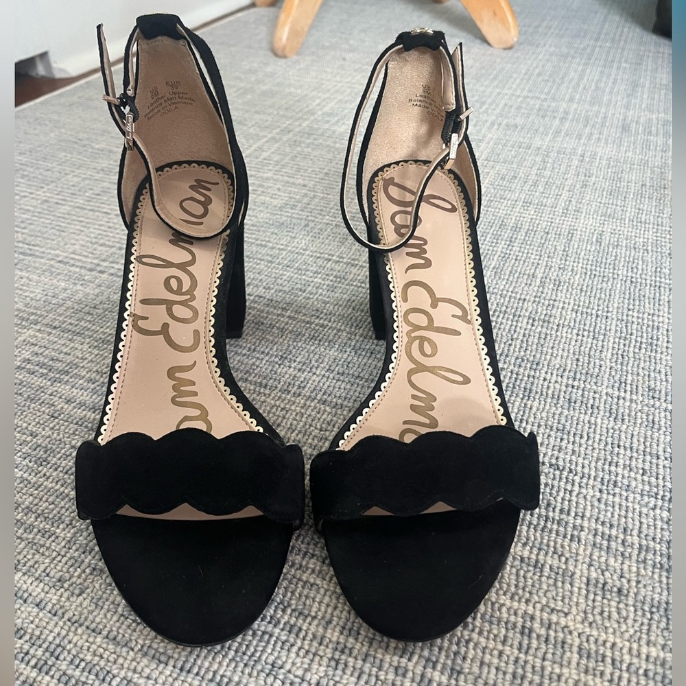 Sam Edelman Block Heels with Scalloped Strap in Black Suede